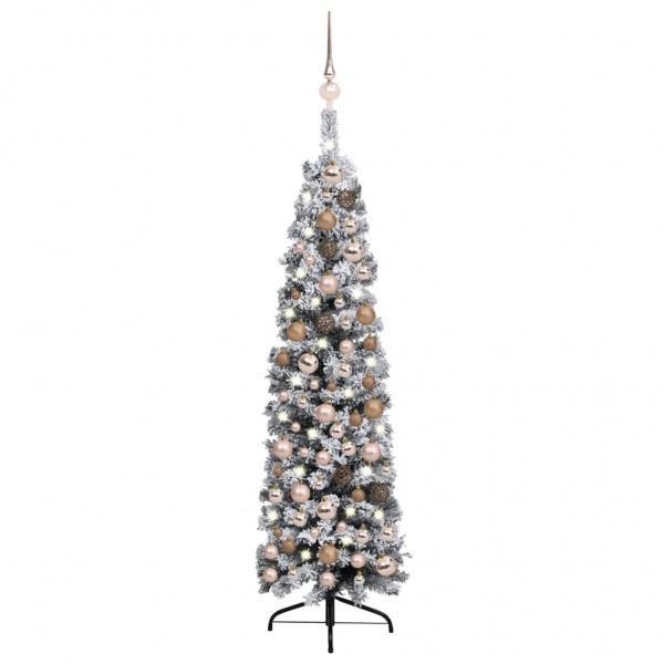 Árbol de Navidad artificial delgado LEDs y bolas verde 150 cm