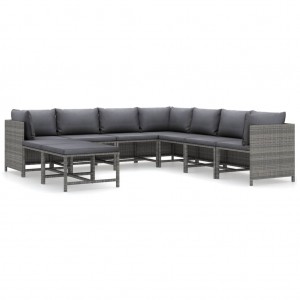 Set de muebles de jardín 9 pzas y cojines ratán sintético gris D