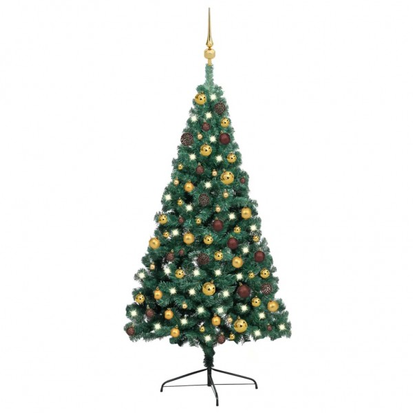 Meia árvore de Natal com luzes e bolas verdes 120 cm D