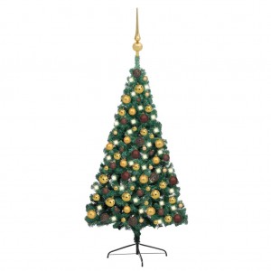 Medio árbol de Navidad con luces y bolas verde 150 cm D