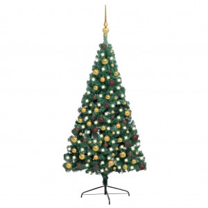 Medio árbol de Navidad con luces y bolas verde 210 cm D