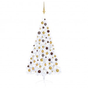 Medio árbol de Navidad con luces y bolas blanco 150 cm D