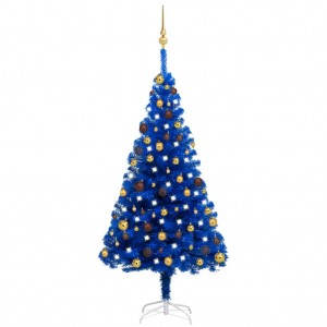 Árbol de Navidad preiluminado con luces y bolas azul 150 cm D