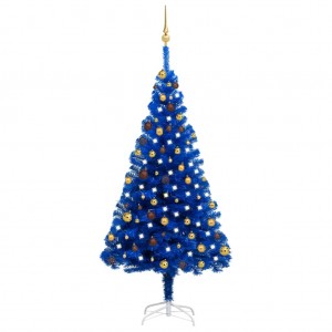 Árbol de Navidad preiluminado con luces y bolas azul 180 cm D