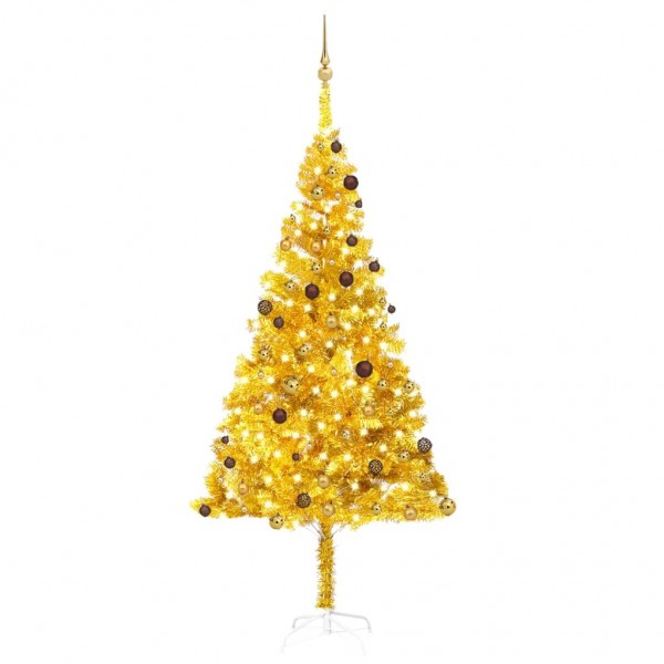 Set árbol de Navidad artificial LED y bolas dorado PET 240 cm D