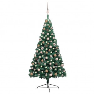 Meia árvore de Natal artificial com LEDs e bolas verdes 150 cm D