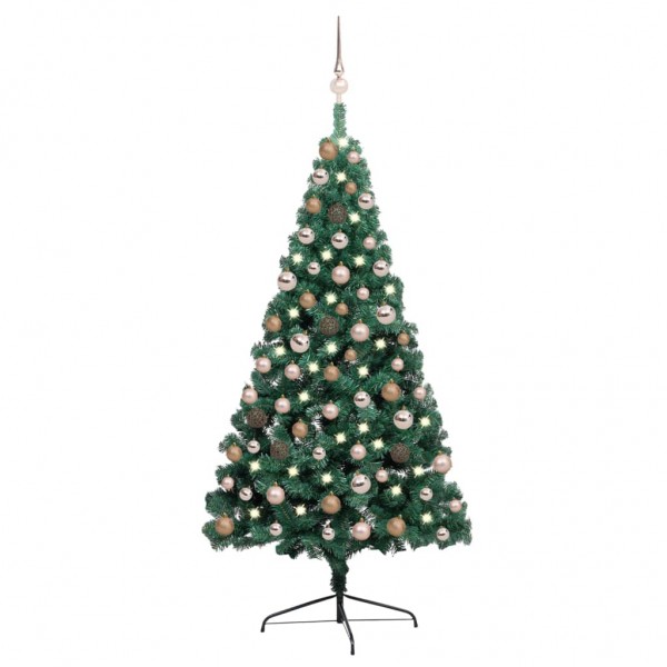 Meia árvore de Natal artificial com LEDs e bolas verdes 150 cm D