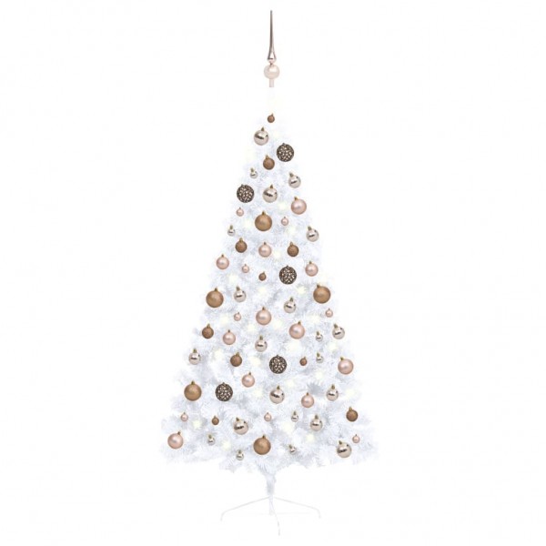 Meia árvore de Natal com luzes e bolas brancas 150 cm D