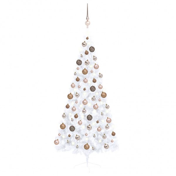 Medio árbol de Navidad con luces y bolas blanco 180 cm D