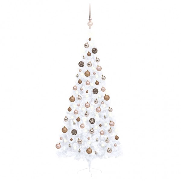 Medio árbol de Navidad con luces y bolas blanco 120 cm D