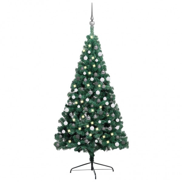 Medio árbol de Navidad con luces y bolas verde 210 cm D