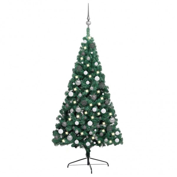 Medio árbol de Navidad con luces y bolas verde 240 cm D