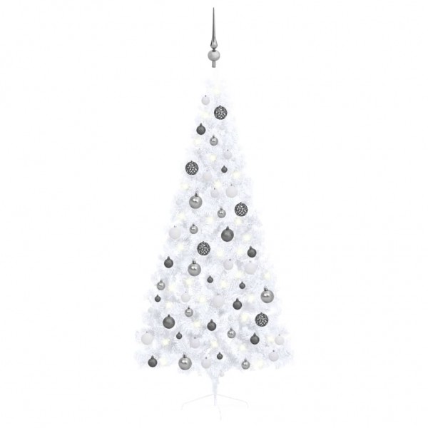 Medio árbol de Navidad con luces y bolas blanco 180 cm D