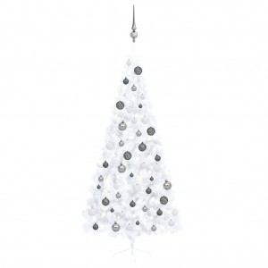 Medio árbol de Navidad con luces y bolas blanco 120 cm D