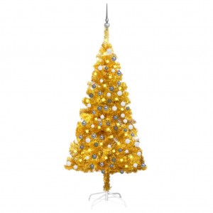 Árbol de Navidad preiluminado con luces y bolas dorado 120 cm D