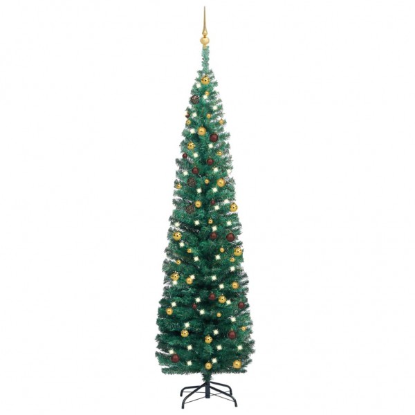 Árbol Navidad artificial estrecho con LED y bolas verde 210 cm D