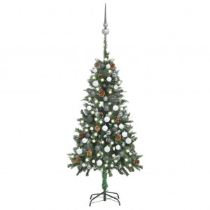 Árbol de Navidad preiluminado con luces. bolas y piñas 150 cm D