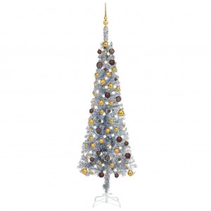 Árbol de Navidad estrecho con LEDs y bolas plateado 210 cm
