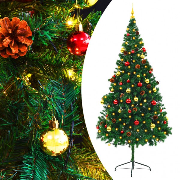 Árbol de Navidad preiluminado con luces y bolas verde 210 cm D