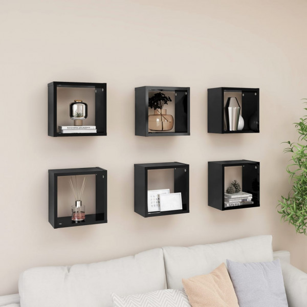 Estantes cubos pared 6 uds negro brillante 26x15x26 cm Estantes cubos pared 6 uds negro brillante 26x15x26 cm D