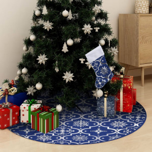 Fusta de árvore de Natal de luxo com meias de tecido azul 90 cm D