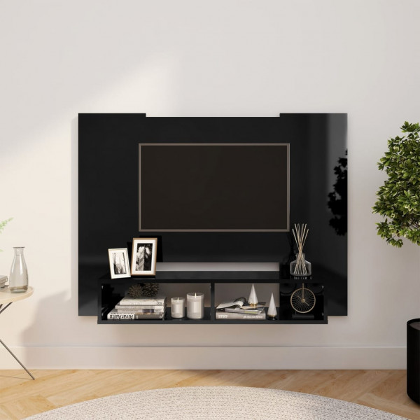 Mueble de TV de pared aglomerado negro brillante 120x23.5x90 cm D