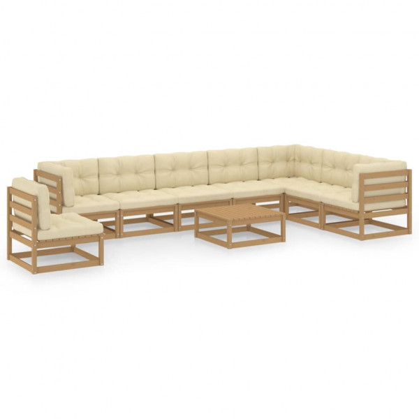 Set de muebles de jardín 9 pzs cojines madera pino marrón miel D