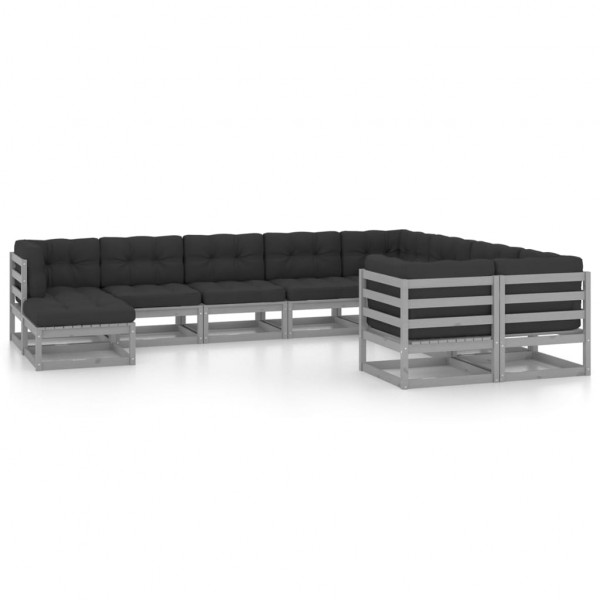 Set de muebles de jardín 10 pzas con cojines madera pino gris Set de muebles de jardín 10 pzas con cojines madera pino gris D