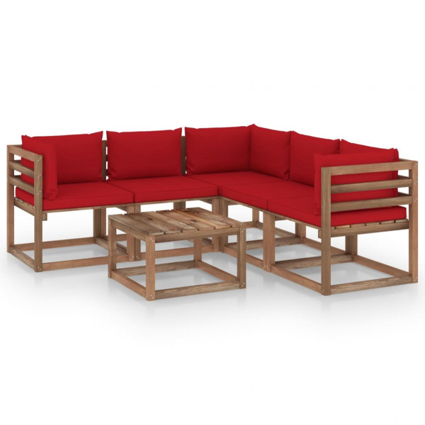 Conjunto de móveis de jardim 6 peças em madeira impregnada com almofadas vermelhas D