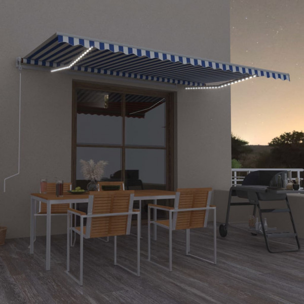 Toldo automático LED sensor de vento azul e branco 500x350 cm D