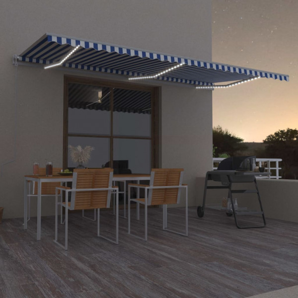 Toldo automático LED sensor de viento azul y blanco 600x350 cm D