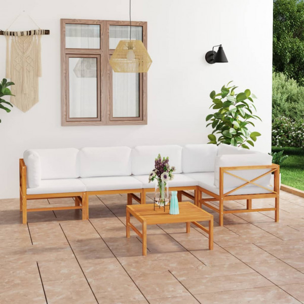 Conjunto de móveis de jardim com 6 peças em madeira de teca e almofadas creme D