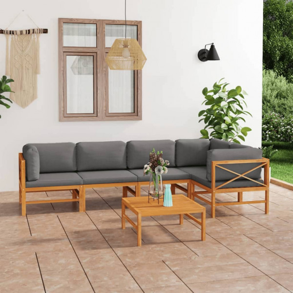 Conjunto de móveis de jardim com 6 peças em madeira de teca e almofadas cinza D