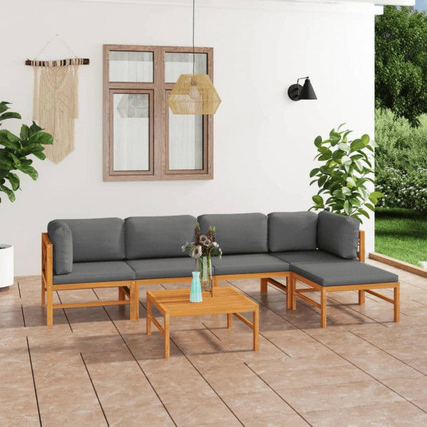 Conjunto de móveis de jardim com 6 peças em madeira de teca e almofadas cinza D