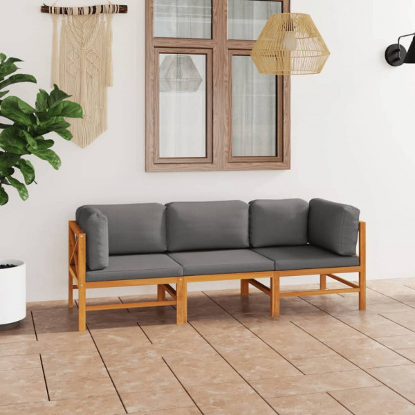Sofá de jardim 3 lugares com almofadas cinza madeira maciça de teca D