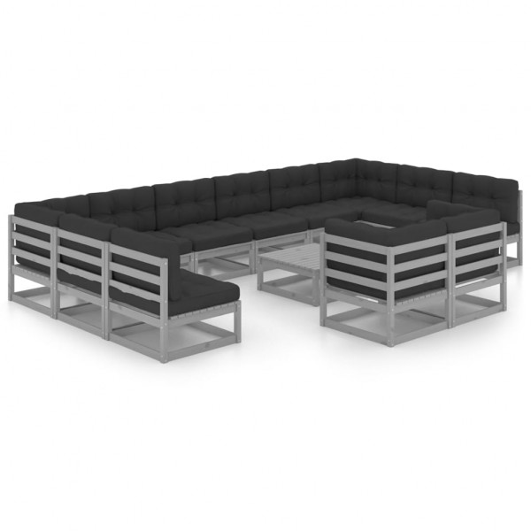 Set de muebles de jardín 13 pzas con cojines madera pino gris Set de muebles de jardín 13 pzas con cojines madera pino gris D