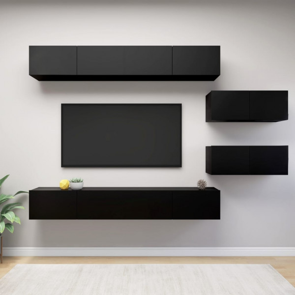 Conjunto de móveis de TV para sala de estar em compensado preto com 6 peças D