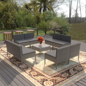 Set de muebles de jardín 9 pzas y cojines ratán sintético gris D