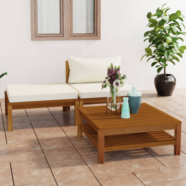 Mobiliário de jardim 3 almofadas branco creme madeira de acacia D