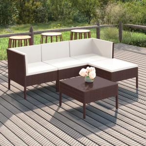 Set muebles de jardín 5 pzas y cojines ratán sintético marrón D