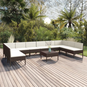 Set muebles de jardín 11 pzas y cojines ratán sintético marrón D