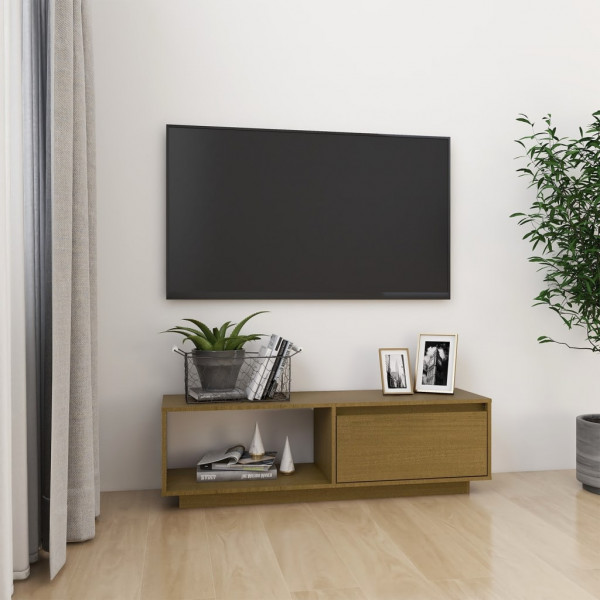 Mueble de TV de madera maciza pino marrón miel 110x30x33.5 cm D