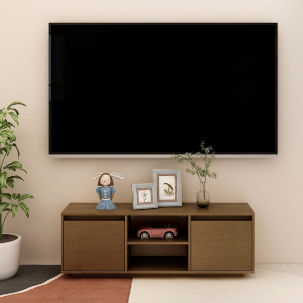 Mueble de TV de madera maciza pino marrón miel 110x30x40 cm D
