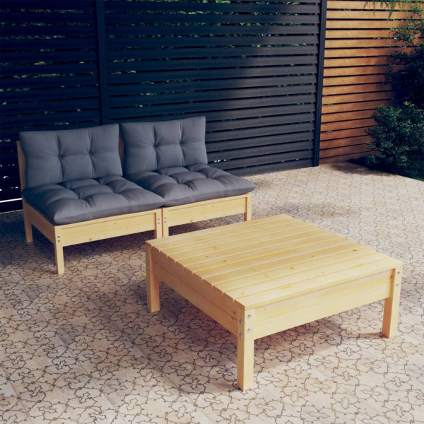 Conjunto de móveis de jardim de 3 peças com almofadas em madeira de pinho D