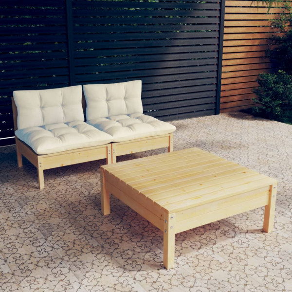 Muebles de jardín 3 piezas cojines madera de pino crema D