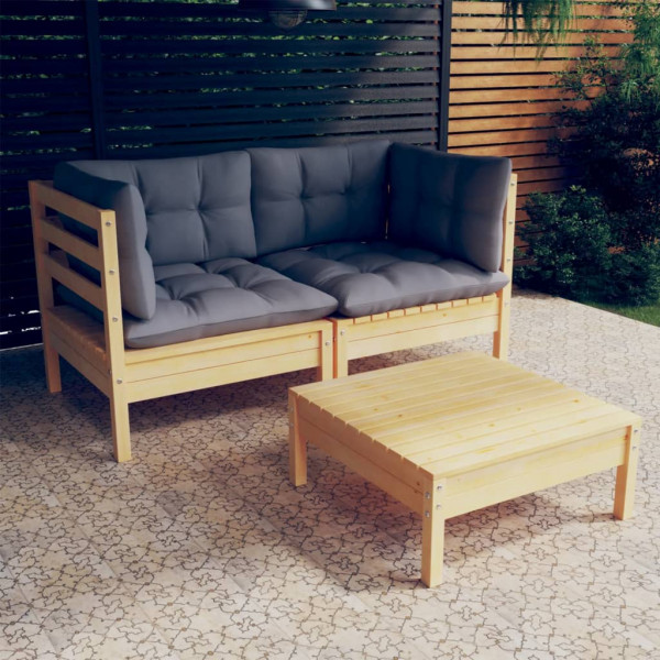 Conjunto de móveis de jardim de 3 peças com almofadas em madeira de pinho D