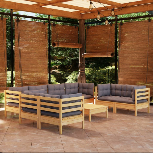 Conjunto de móveis de jardim 9 PCs e almofadas de madeira de pinheiro D