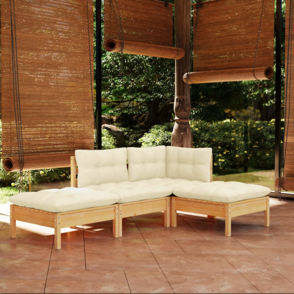 Muebles de jardín 4 pzas y cojines madera maciza de pino crema D