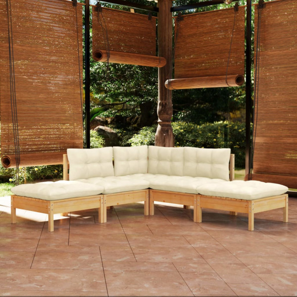Muebles de jardín 5 piezas cojines madera de pino crema D