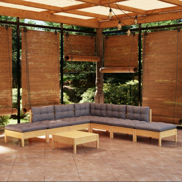 Conjunto de móveis de jardim 8 peças e almofadas em madeira de pinho cinza D